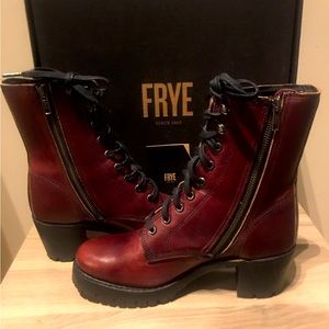 FRYE SABRINA MOTO OXBLOOD/ BURGUNDY LACE UP HEELED COMBAT ANKLE BOOTS 9